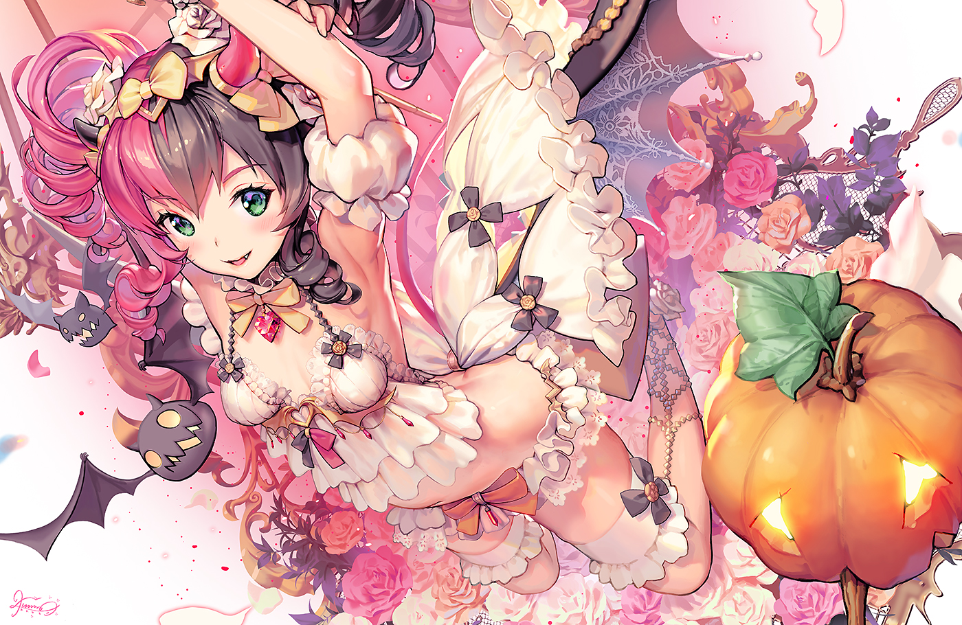 black_hair, blush, bow, destiny_child, fang, flowers, green_eyes, halloween