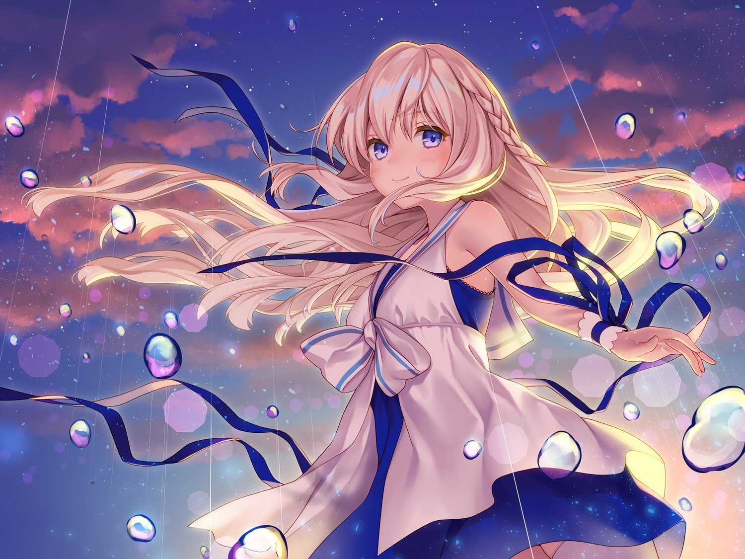 blonde_hair, blue_eyes, clouds, dress, long_hair, ne-on, night, original
