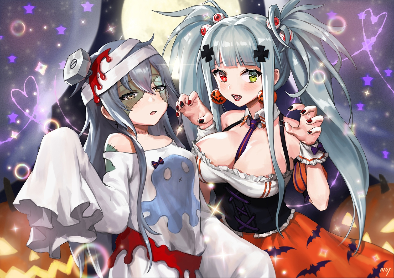 anthropomorphism, breasts, cleavage, g11_(girls_frontline), girls_frontline, halloween, hk416_(girls_frontline), noixen