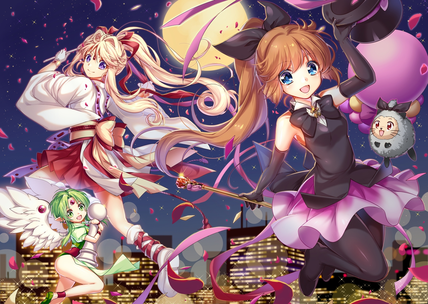 angel, animal, blonde_hair, blue_eyes, blue_hair, building, city, elbow_gloves, fairy, finn_fish, gloves, green_eyes, green_hair, haneoka_meimi, hat, japanese_clothes, kamikaze_kaitou_jeanne, kusakabe_maron, long_hair, miko, moon, night, petals, pointed_ears, ponytail, purple_eyes, ribbons, takase_kou, wings