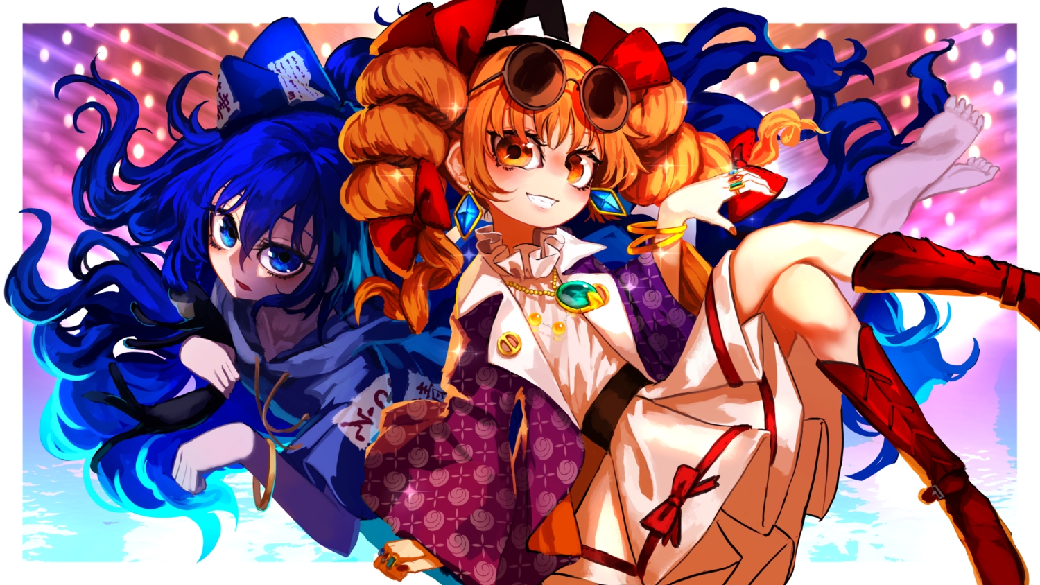 2girls, barefoot, blue_eyes, blue_hair, boots, bow, braids, dress