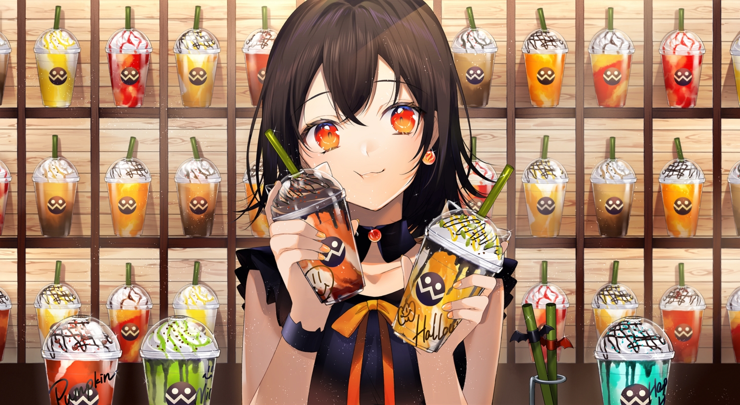 black_hair, close, drink, halloween, orange_eyes, original, short_hair, sogawa66