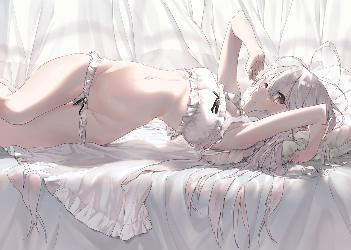 bed, bra, brown_eyes, gray_hair, hayashi_kewi, long_hair, navel, original