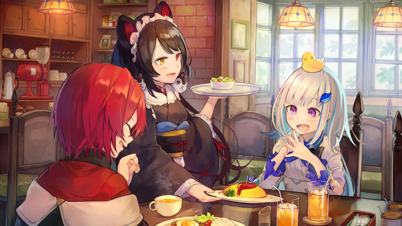 ange_katrina, animal_ears, bicolored_eyes, black_hair, brat, doggirl, drink, food, headdress, inui_toko, japanese_clothes, lize_helesta, long_hair, maid, nijisanji, pink_eyes, red_hair, rubber_duck, sebastian_piyodore, short_hair, waitress, white_hair