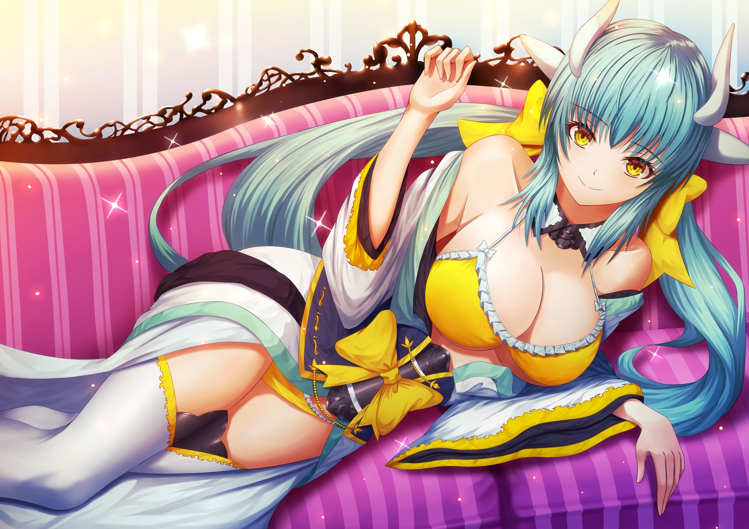 aqua_hair, bikini, bow, breasts, cleavage, couch, fate/grand_order, fate_(series), fujifuji924, horns, japanese_clothes, kiyohime_(fate/grand_order), long_hair, swimsuit, thighhighs, twintails, yellow_eyes