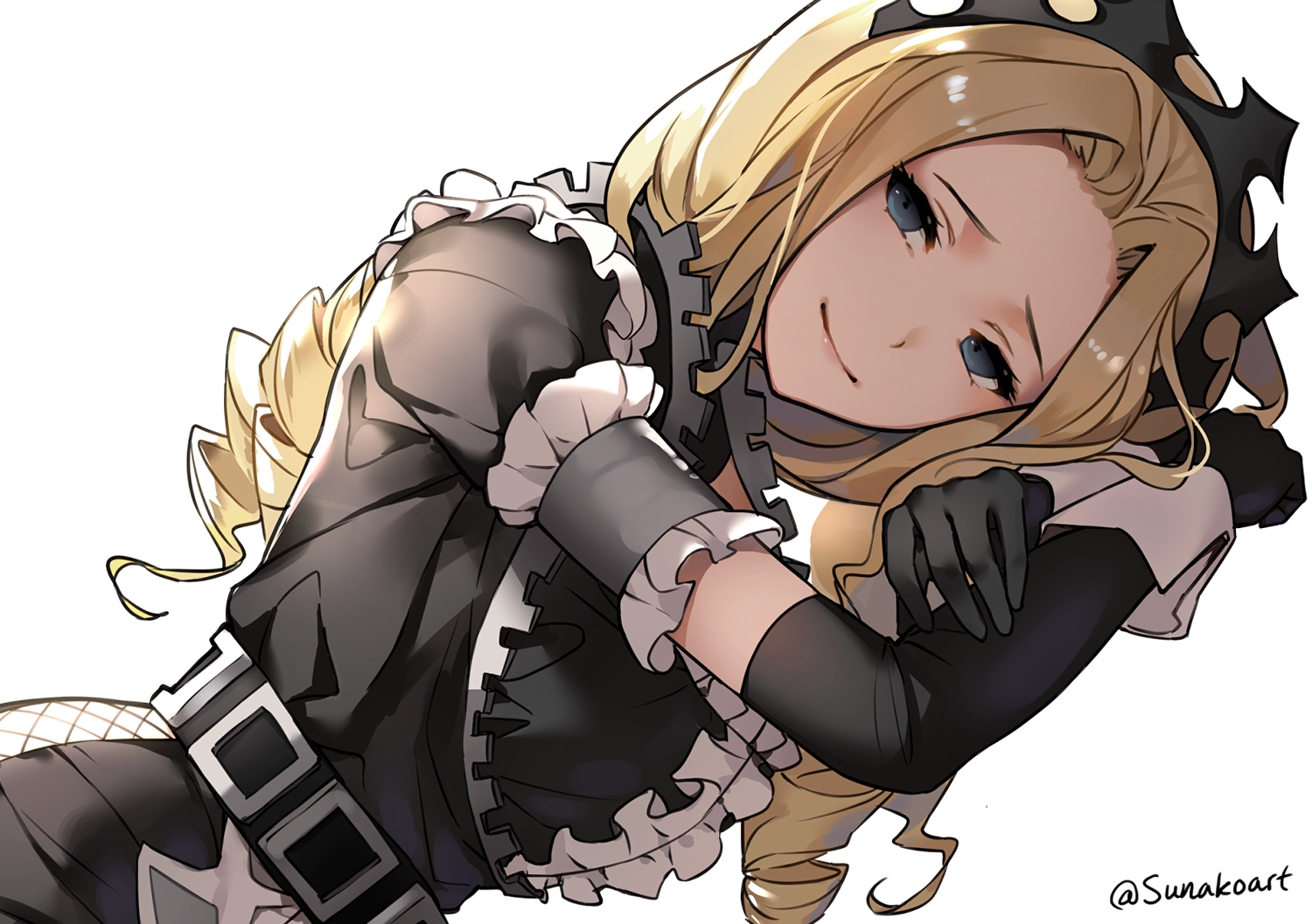 blonde_hair, blue_eyes, elbow_gloves, epsilon_solution, gloves, headdress, maid, overlord, signed, sunako_(veera), waifu2x, white