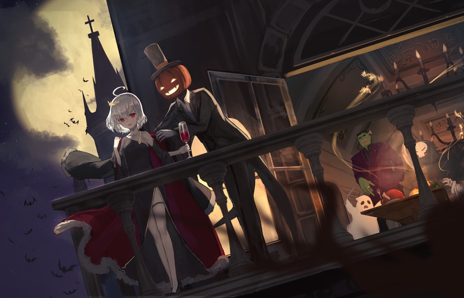 aito, animal, bat, cross, crown, dress, drink, gloves, male, moon, original, pumpkin, red_eyes, short_hair, thighhighs, white_hair