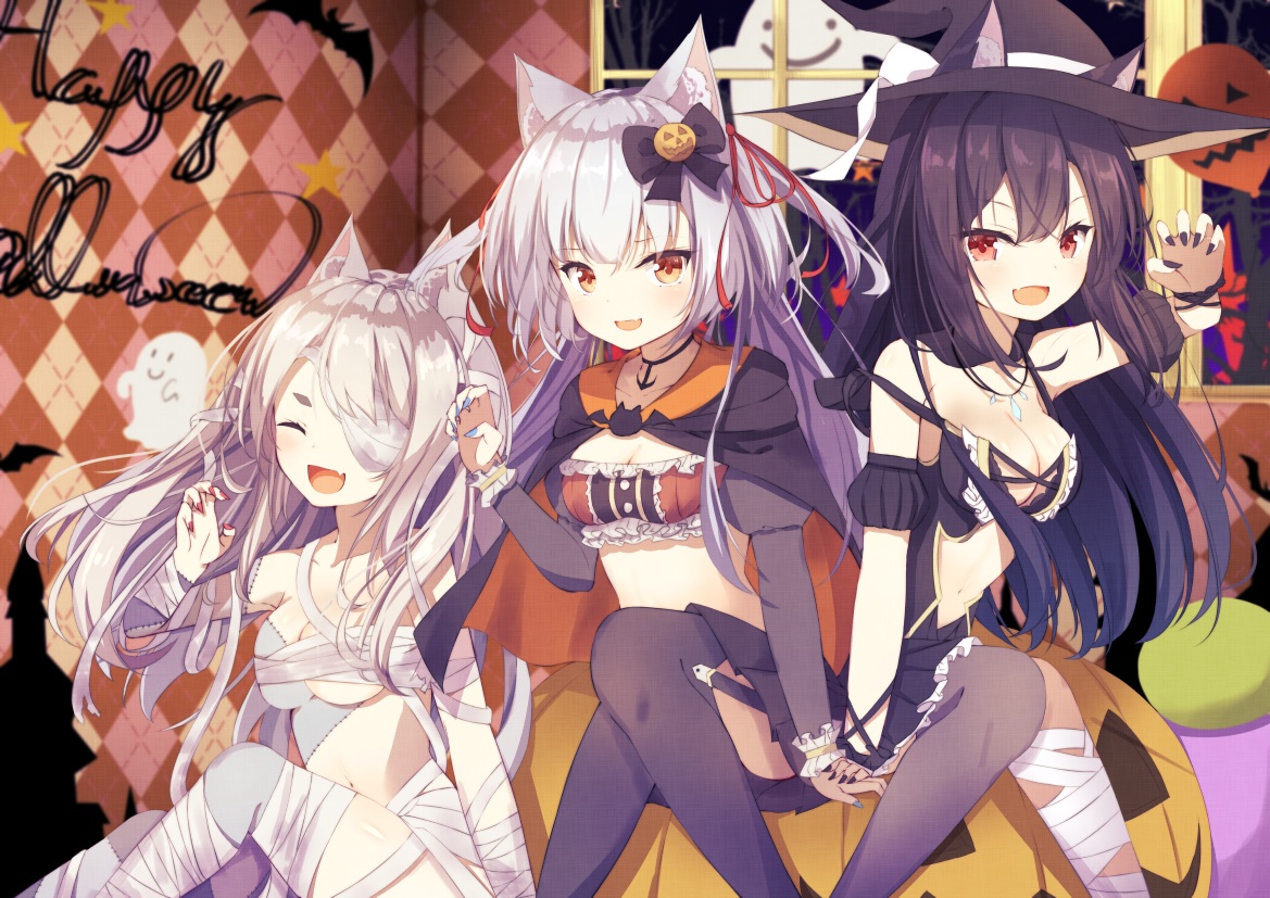aliasing, animal, animal_ears, anthropomorphism, azur_lane, bandage, bat, black_hair, bow, breasts, brown_eyes, cape, catgirl, cleavage, doggirl, fang, halloween, hat, loli_ta1582, navel, necklace, red_eyes, ribbons, shigure_(azur_lane), stockings, thighhighs, witch_hat, wolfgirl, yukikaze_(azur_lane), yuudachi_(azur_lane)