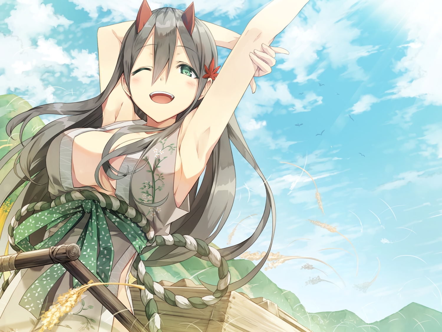 black_hair, blush, breasts, cleavage, clouds, cura, demon, green_eyes