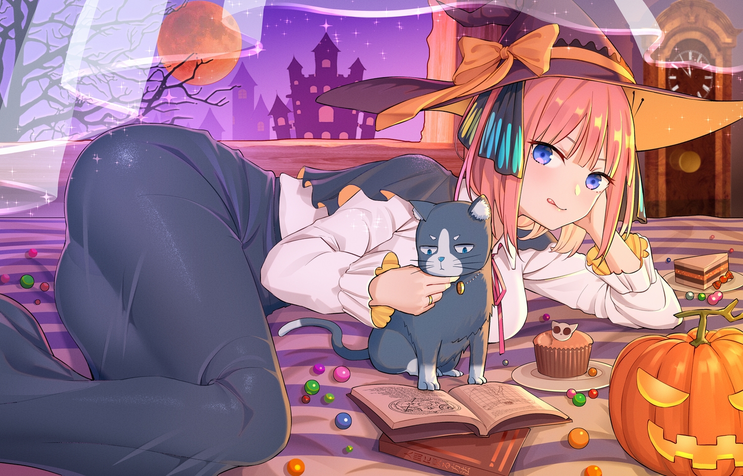 animal, ass, bed, boots, bow, building, cake, cape, cat, food, go-toubun_no_hanayome, halloween, hat, kongbai, moon, nakano_nino, night, pumpkin, skirt, sky, tree, witch, witch_hat