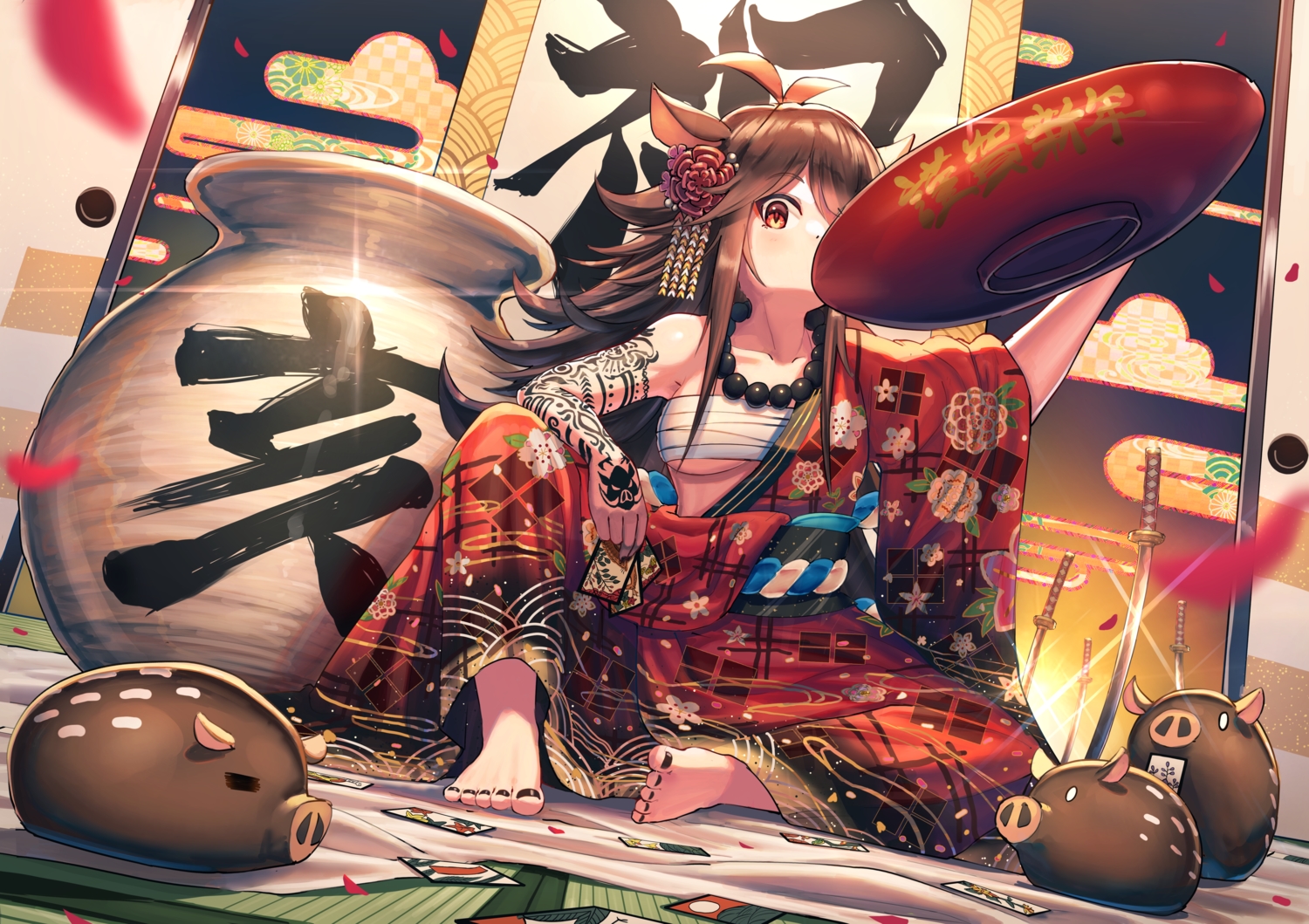 animal, animal_ears, breasts, brown_hair, drink, japanese_clothes, long_hair, mazel, necklace, original, red_eyes, sake, sarashi, sword, tattoo, underboob, underwear, weapon