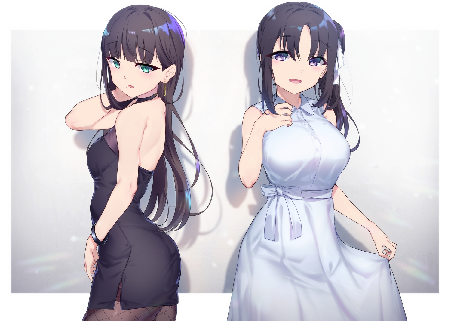 2girls, ass, black_hair, blush, dress, green_eyes, kazuno_sarah, kurosawa_dia