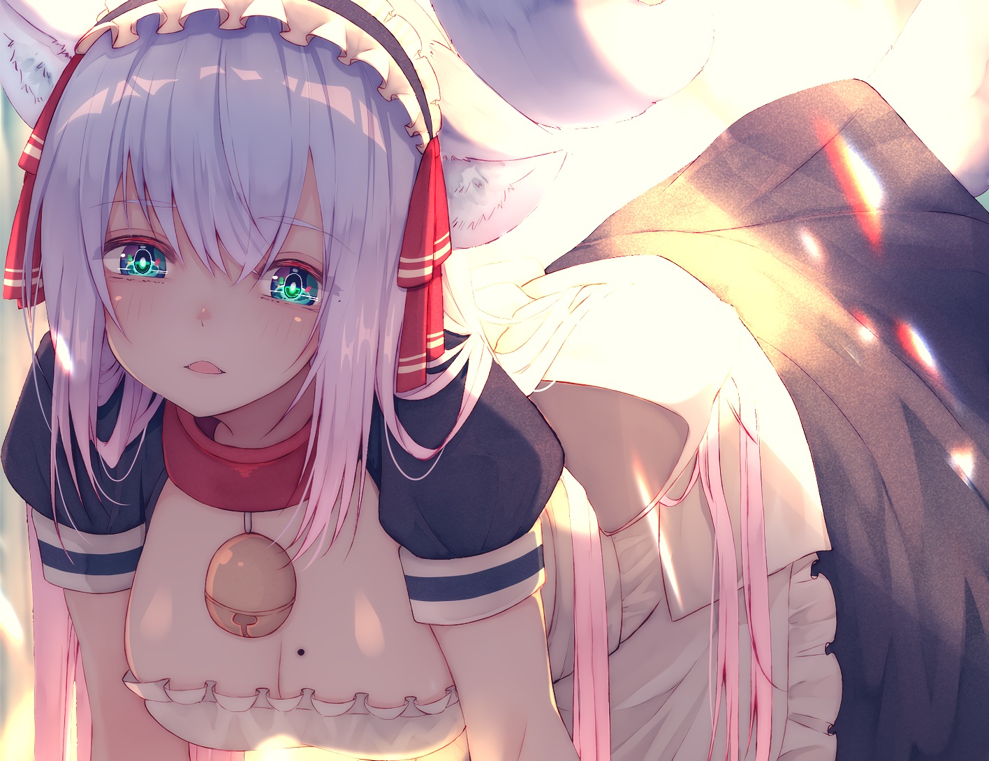 animal_ears, apron, bell, blush, breasts, catgirl, chita_(ketchup), cleavage