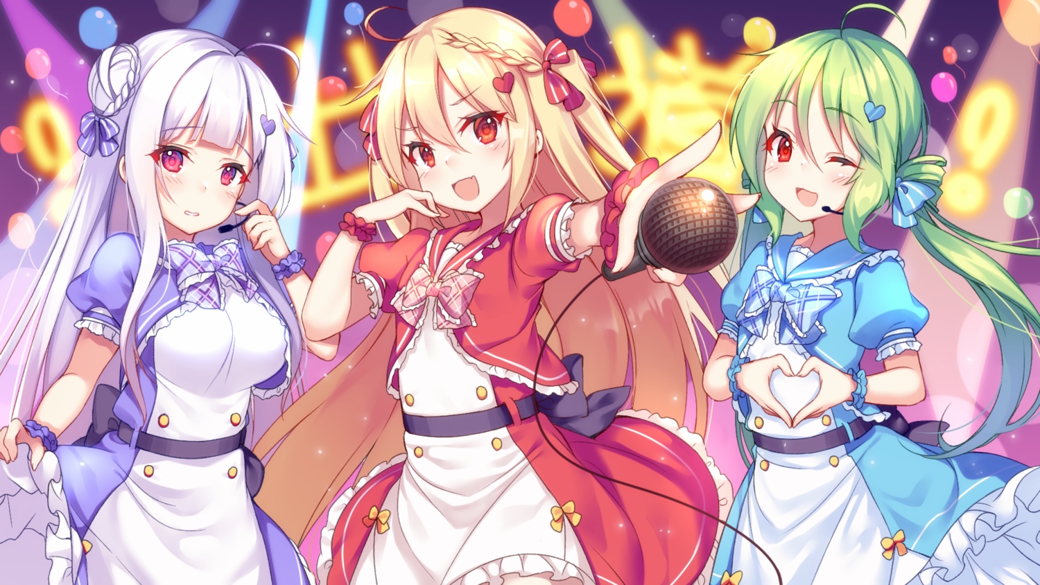 anthropomorphism, azur_lane, blonde_hair, comet_(azur_lane), crescent_(azur_lane), cygnet_(azur_lane), dress, green_hair