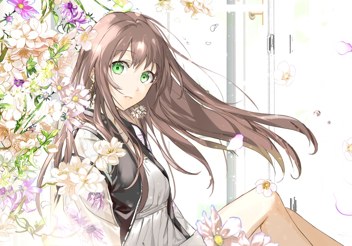 brown_hair, ddaomphyo, flowers, green_eyes, long_hair, original