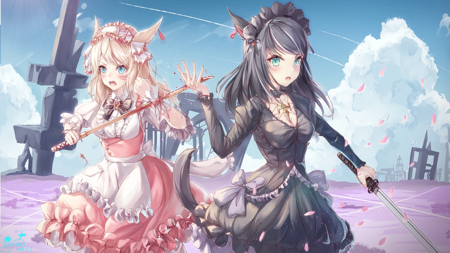 2girls, animal_ears, apron, black_hair, blonde_hair, blood, blue_eyes, blush