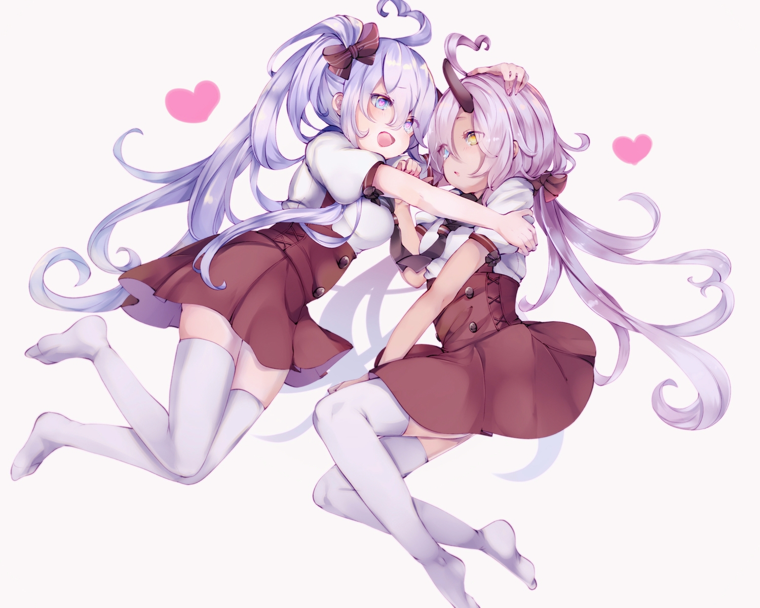 2girls, anthropomorphism, azur_lane, bicolored_eyes, blue_hair, blush, bow, demon