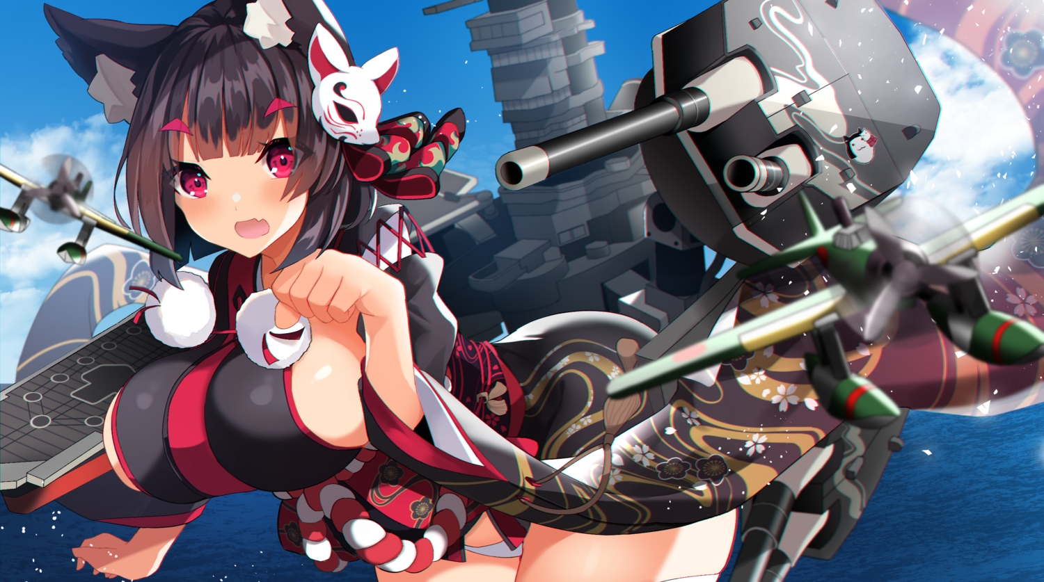 aliasing, animal_ears, anthropomorphism, azur_lane, black_hair, breasts, catgirl, clouds