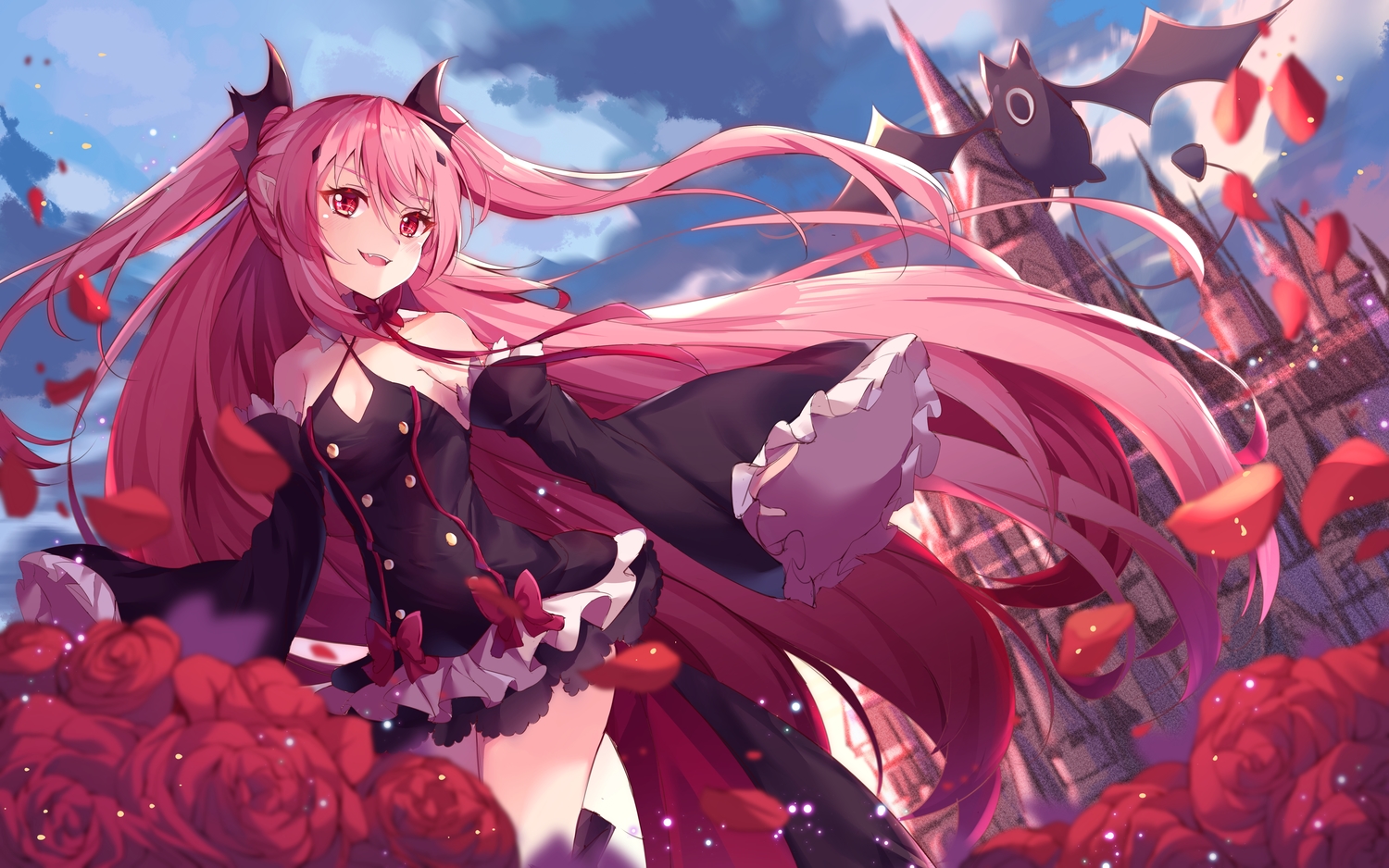 fang, flowers, krul_tepes, nahaki, owari_no_seraph, pink_hair, pointed_ears, red_eyes