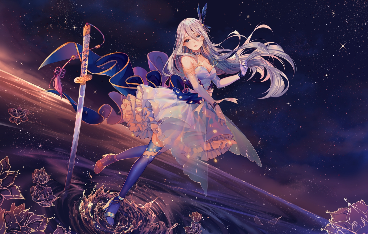 breasts, choker, cleavage, dress, elbow_gloves, gloves, gray_hair, hyanna-natsu