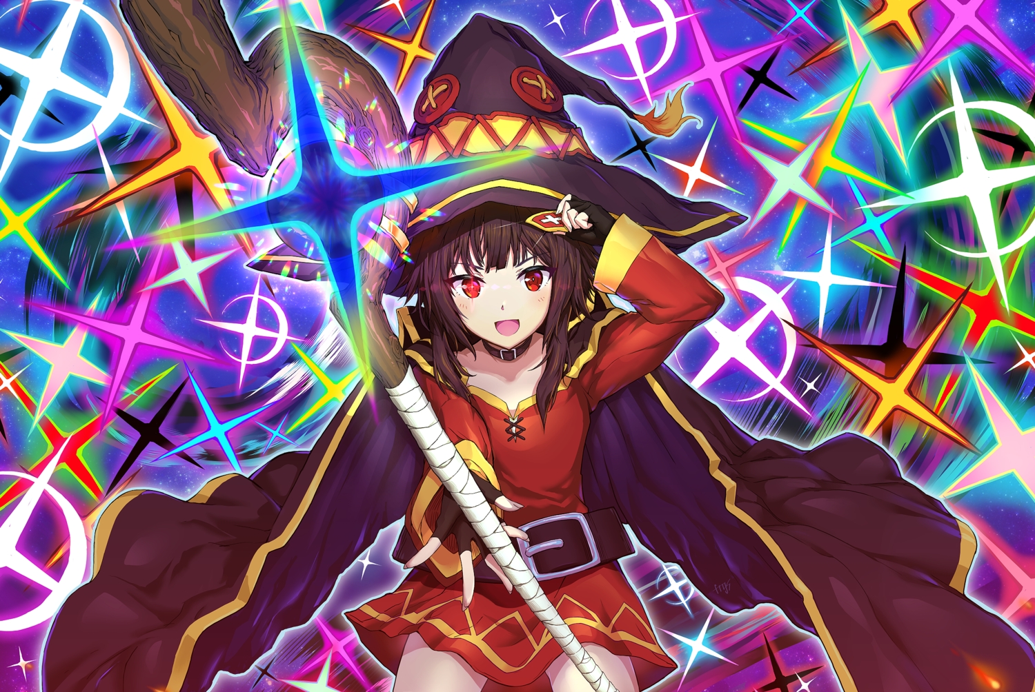 aliasing, brown_hair, cape, collar, dress, frgs, gloves, hat, kono_subarashii_sekai_ni_shukufuku_wo!, magic, megumin, red_eyes, short_hair, staff, witch, witch_hat