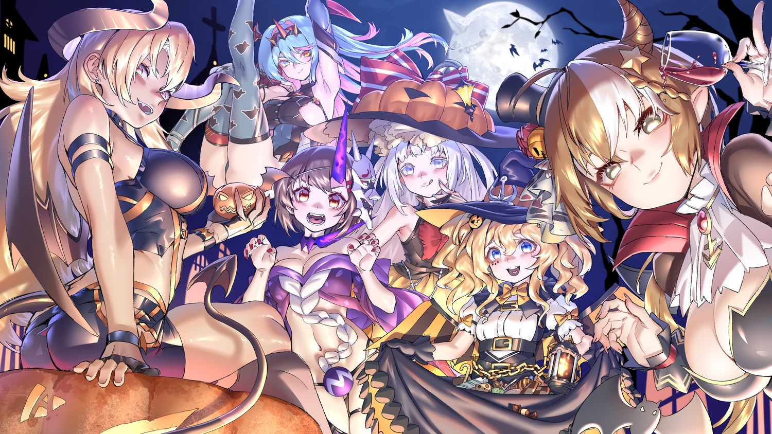 aliasing, anthropomorphism, ass, bicolored_eyes, blackblades, blonde_hair, blue_eyes, blue_hair, braids, candy, dress, drink, fang, garter_belt, gloves, group, halloween, hat, horns, long_hair, moon, night, pumpkin, short_hair, skirt, sky, tagme_(character), tail, thighhighs, white_hair, wings, witch_hat, yellow_eyes, zhanjian_shaonu