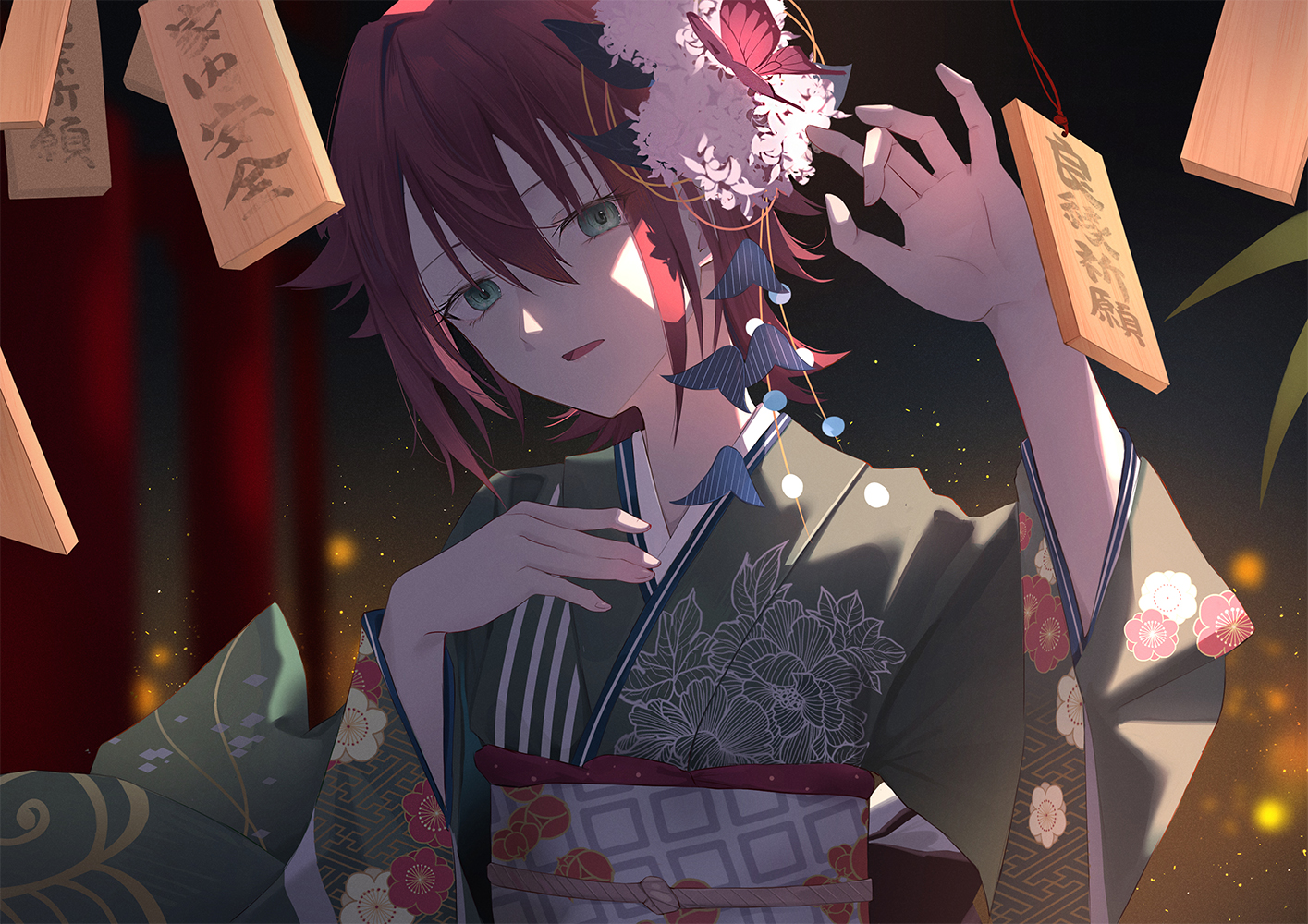 flowers, green_eyes, japanese_clothes, kimono, original, red_hair, short_hair, yukiyama_momo