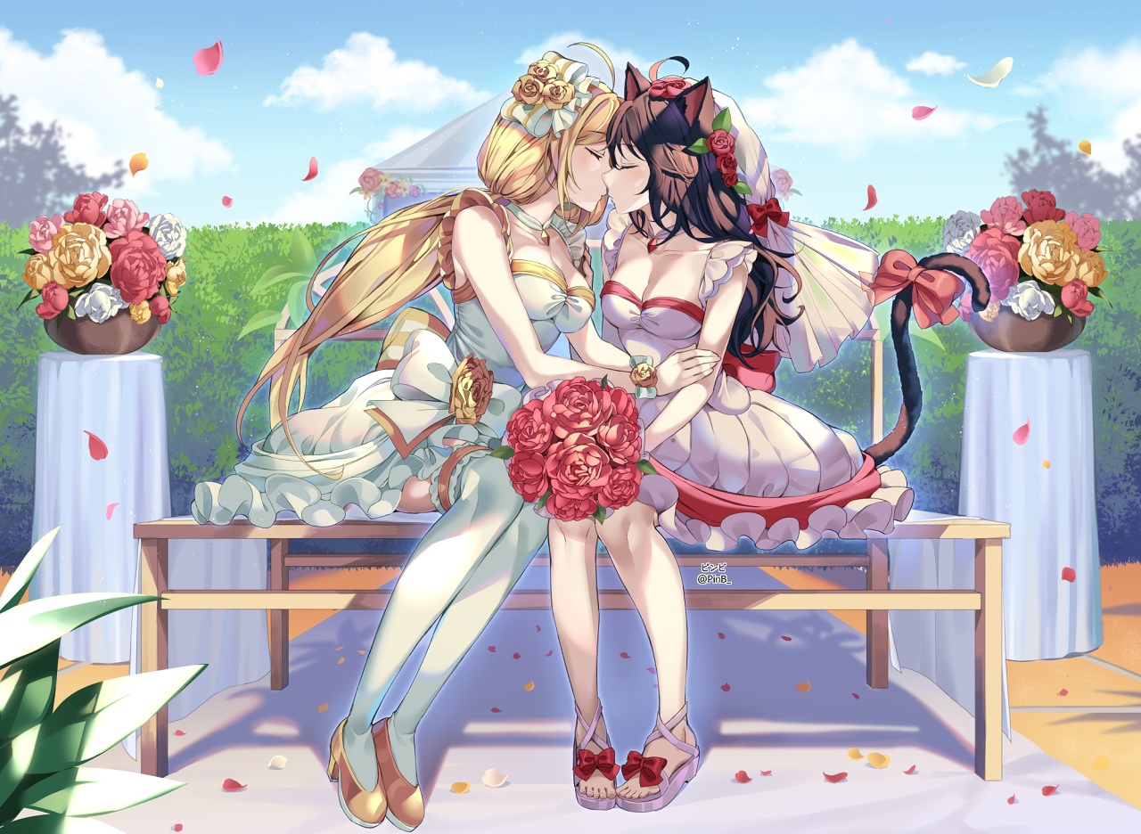 2girls, animal_ears, blonde_hair, blush, breasts, brown_hair, catgirl, cleavage, clouds, dress, flowers, kiss, long_hair, original, pinb, rose, shoujo_ai, sky, tail, thighhighs, twintails, watermark, wedding, wedding_attire