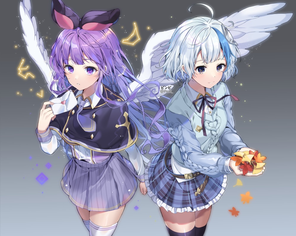 2girls, autumn, blue_hair, cape, cropped, gradient, gray_eyes, leaves