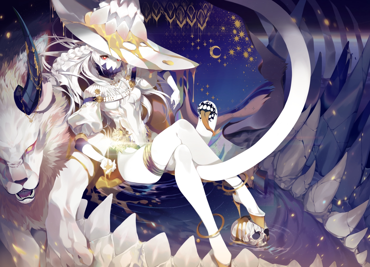 00suger001, animal, breasts, garter, horns, leotard, lion, long_hair, original, polychromatic, red_eyes, skull, white_hair, witch
