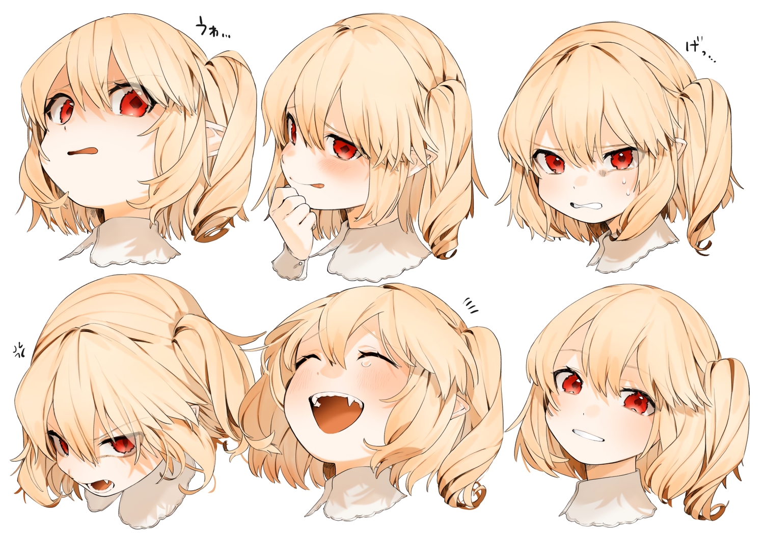blonde_hair, blush, fang, flandre_scarlet, gotoh510, pointed_ears, ponytail, red_eyes, short_hair, touhou, vampire, white