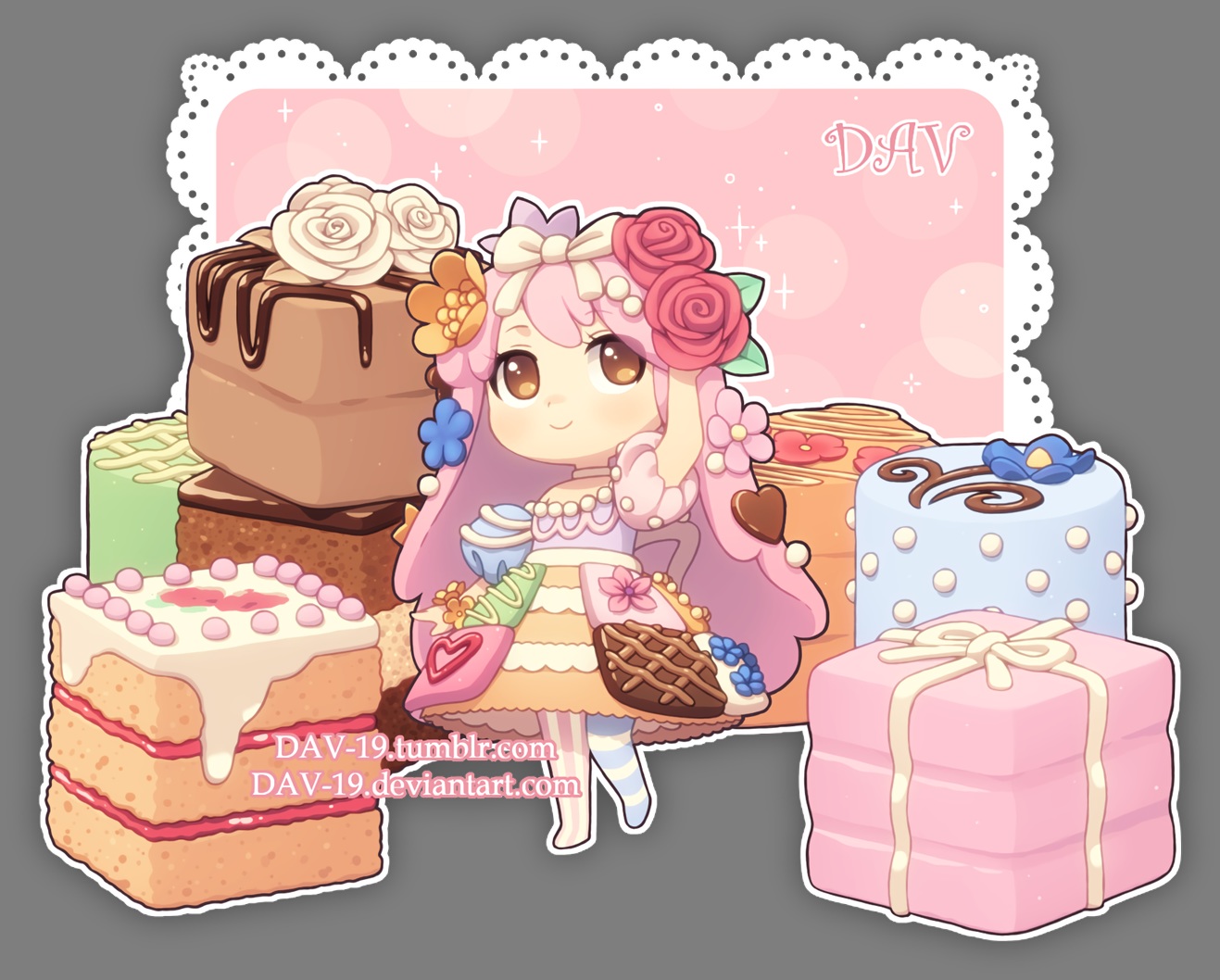 brown_eyes, cake, chibi, choker, dav-19, flowers, food, lolita_fashion