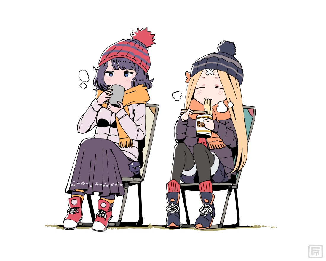 2girls, abigail_williams_(fate/grand_order), bandaid, black_hair, blonde_hair, blue_eyes, blush, drink, fate/grand_order, fate_(series), food, fumato, hat, katsushika_hokusai, long_hair, pantyhose, scarf, short_hair, shorts, skirt, socks, watermark, white