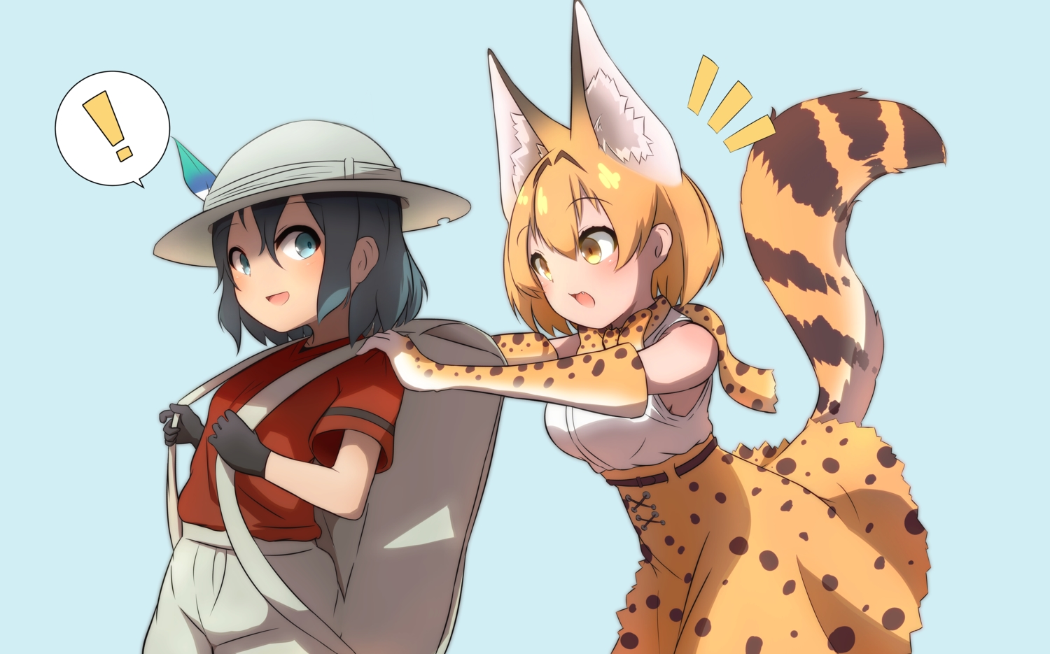 2girls, animal_ears, anthropomorphism, black_hair, blonde_hair, blue, blue_eyes, catgirl, cat_smile, elbow_gloves, fang, gloves, hat, idaten93, kaban, kemono_friends, serval, short_hair, shorts, skirt, tail, yellow_eyes