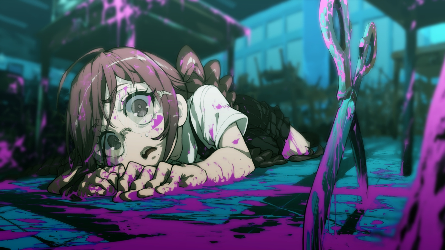 blood, braids, brown_eyes, brown_hair, close, enouchi_ai, glasses, long_hair, original, polychromatic, school_uniform, skirt, twintails