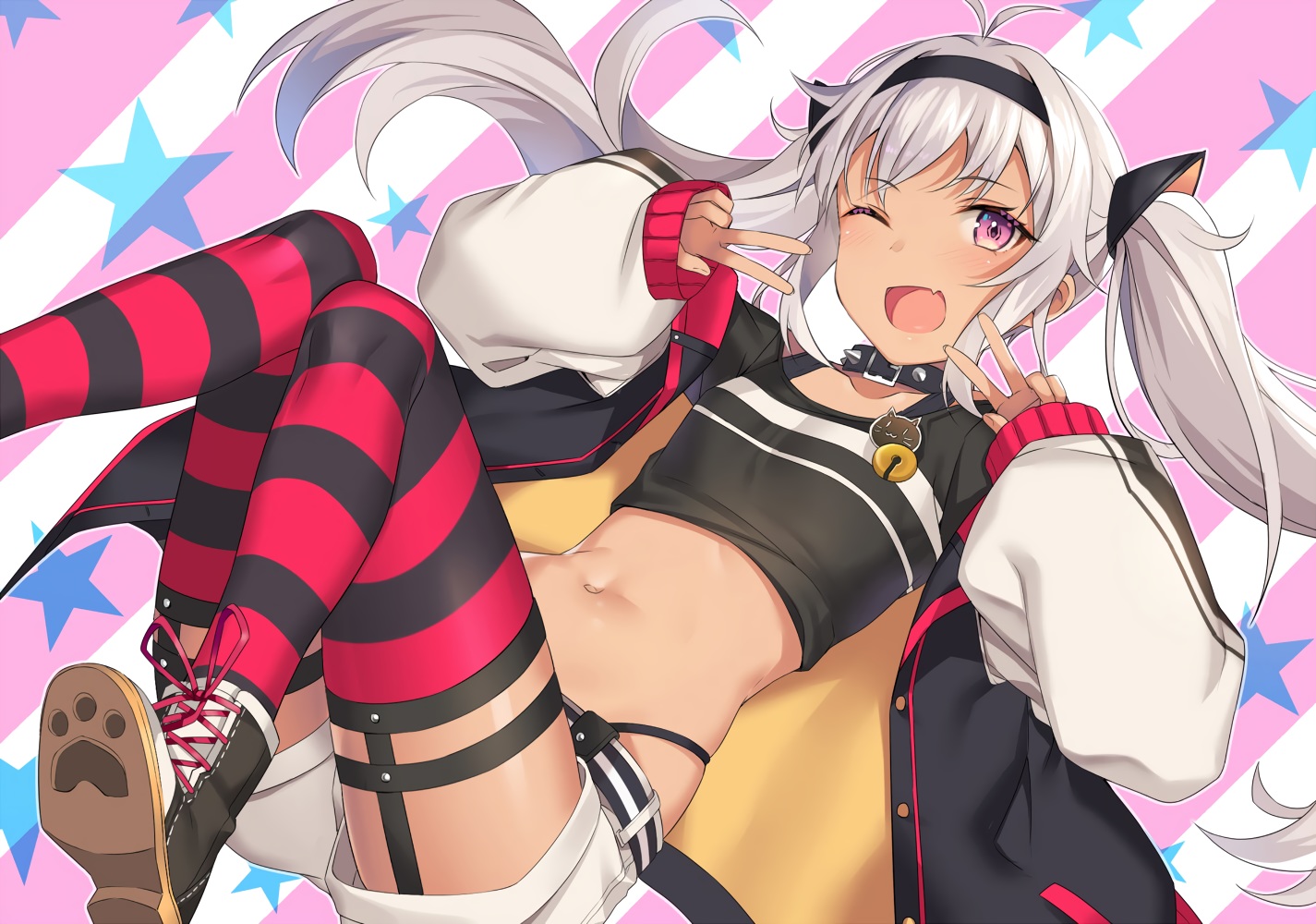blush, boots, collar, dark_skin, fang, flat_chest, garter_belt, gray_hair, headband, long_hair, matsukai_mao, mokyu_(kukoudesu), navel, nijisanji, purple_eyes, shorts, thighhighs, twintails, wink