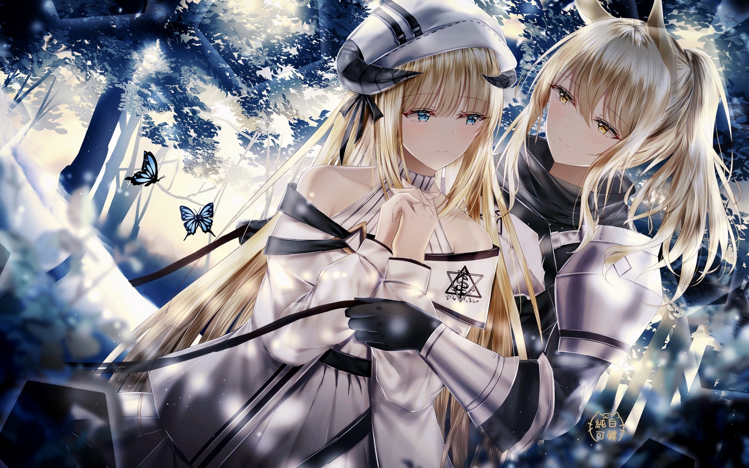 2girls, animal_ears, arknights, blonde_hair, butterfly, jpeg_artifacts, junpaku_karen, long_hair