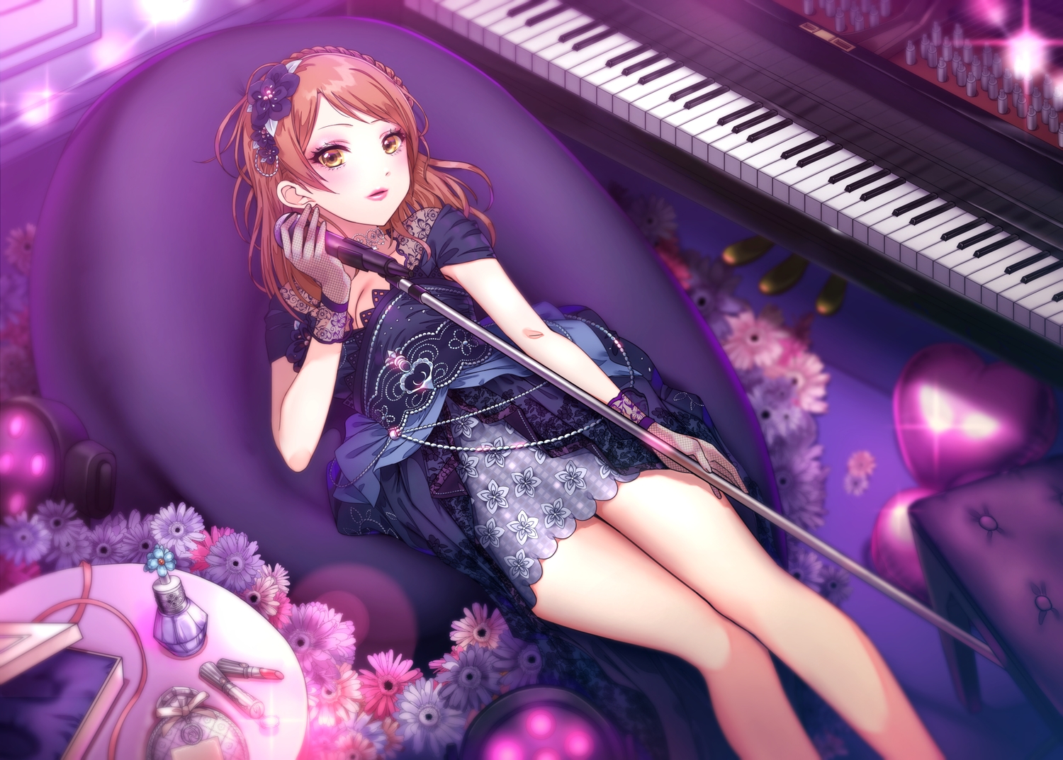 dress, flowers, houjou_karen, idolmaster, idolmaster_cinderella_girls, instrument, maou(demonlord), microphone, piano