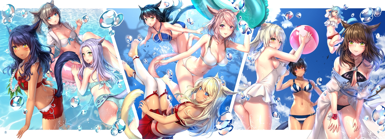 animal_ears, aruma_jiki, ball, bikini, breasts, bubbles, catgirl, cleavage