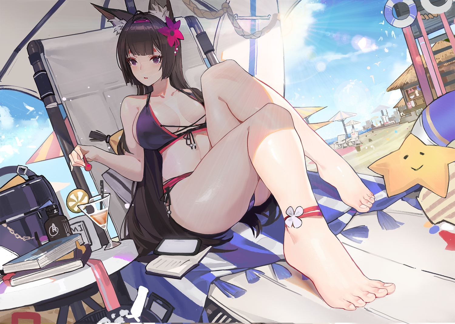 amagi_(azur_lane), animal_ears, anthropomorphism, azur_lane, barefoot, beach, bikini, book