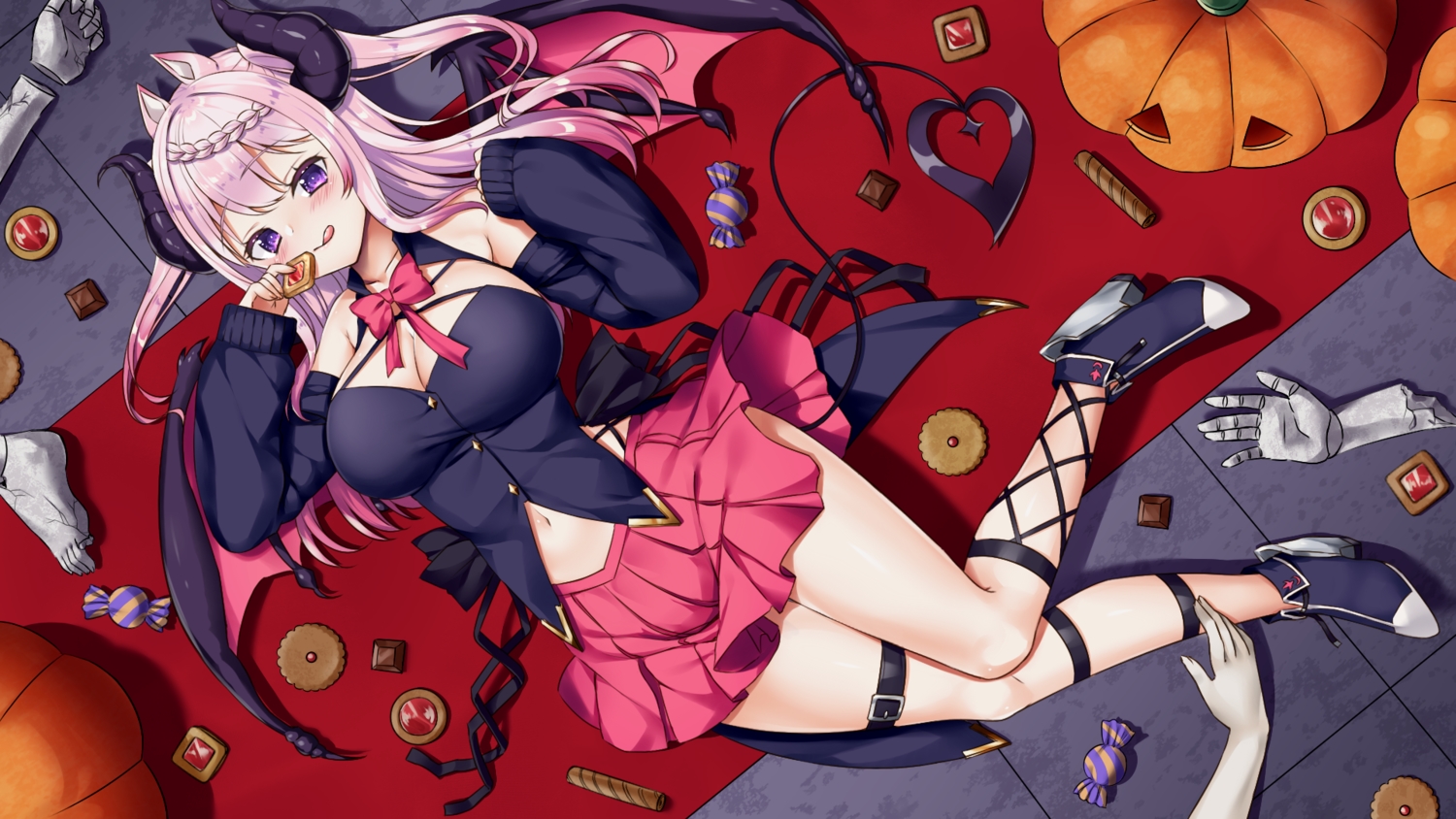 animal_ears, atsumori_chiina, breasts, chiina_ch., cleavage, demon, food, long_hair, pink_hair, purple_eyes, tail, twintails, wakuta_chisaki, wings