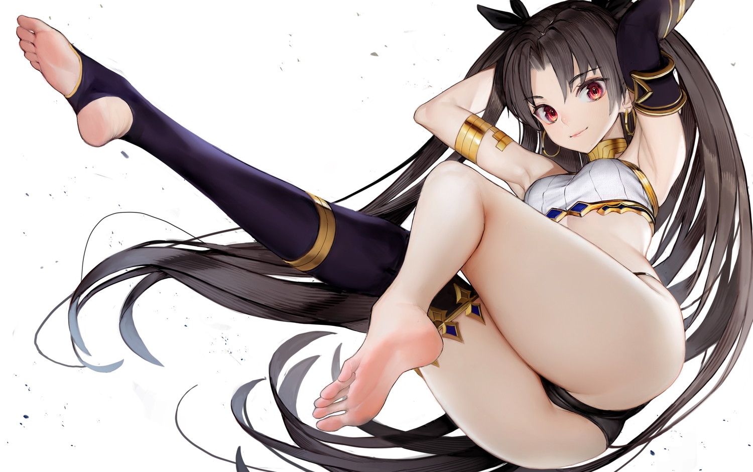 ass, barefoot, black_hair, cameltoe, fate/grand_order, fate_(series), ishtar_(fate/grand_order), long_hair, nyatabe, red_eyes, thighhighs, twintails, white