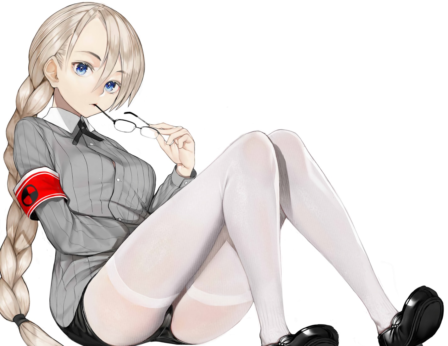 blonde_hair, blue_eyes, cropped, glasses, long_hair, nyatabe, original, pantyhose