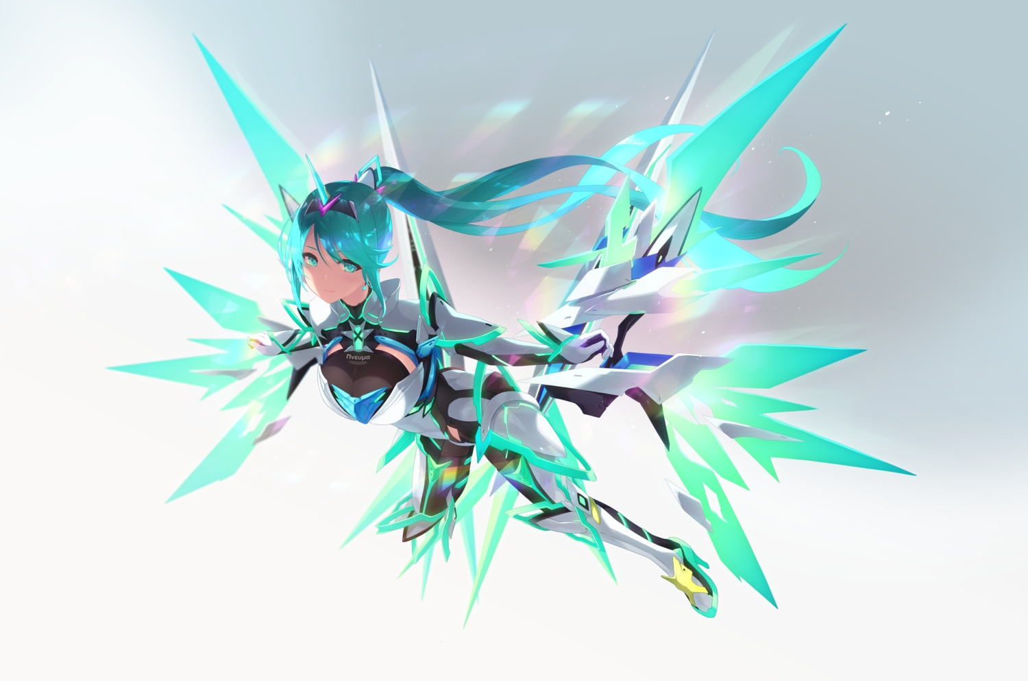 bodysuit, breasts, cait, green_eyes, green_hair, long_hair, mechagirl, pneuma_(xenoblade)