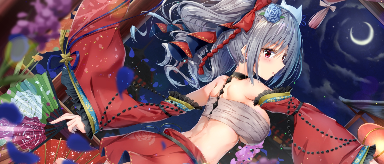 breasts, fan, idolmaster, idolmaster_cinderella_girls, japanese_clothes, kanzaki_ranko, kuria_(clear_trip_second), moon