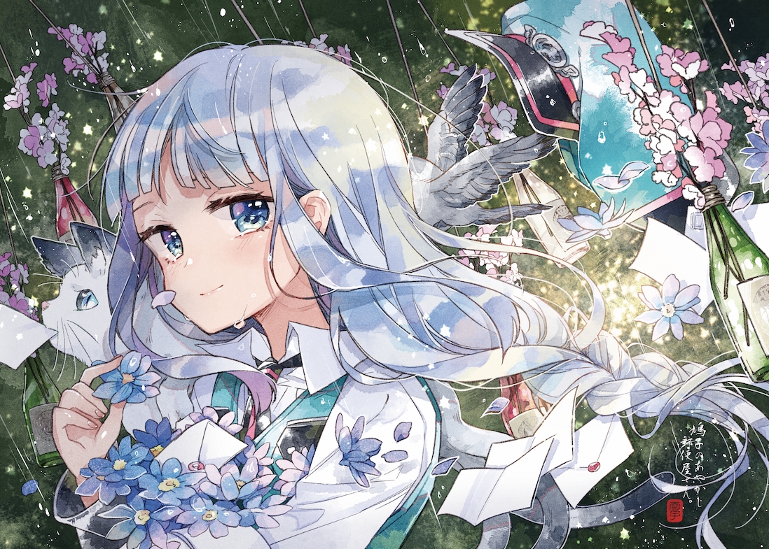 animal, bird, blue_eyes, blue_hair, cat, flowers, long_hair, original