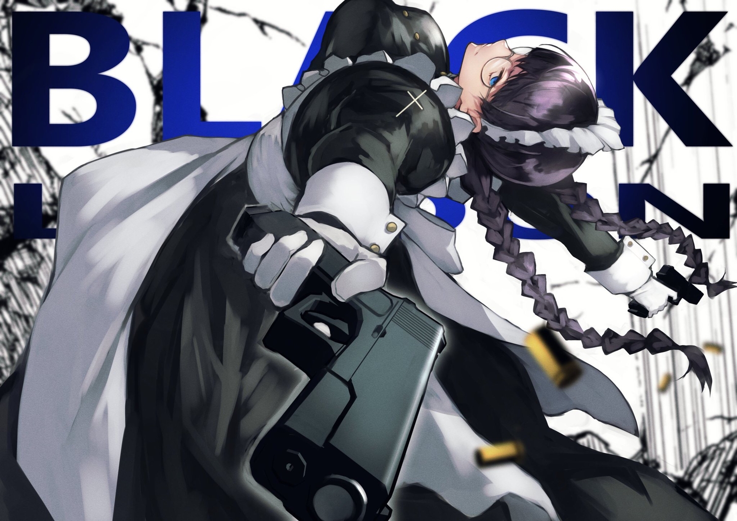 55level, black_hair, black_lagoon, glasses, gun, long_hair, maid, roberta