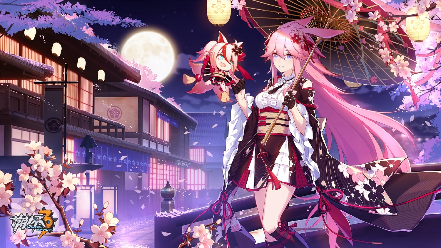 animal_ears, building, cherry_blossoms, flowers, higokumaru, honkai_impact, honkai_(series), japanese_clothes, logo, lolita_fashion, tagme_(artist), umbrella, yae_sakura_(benghuai_xueyuan)