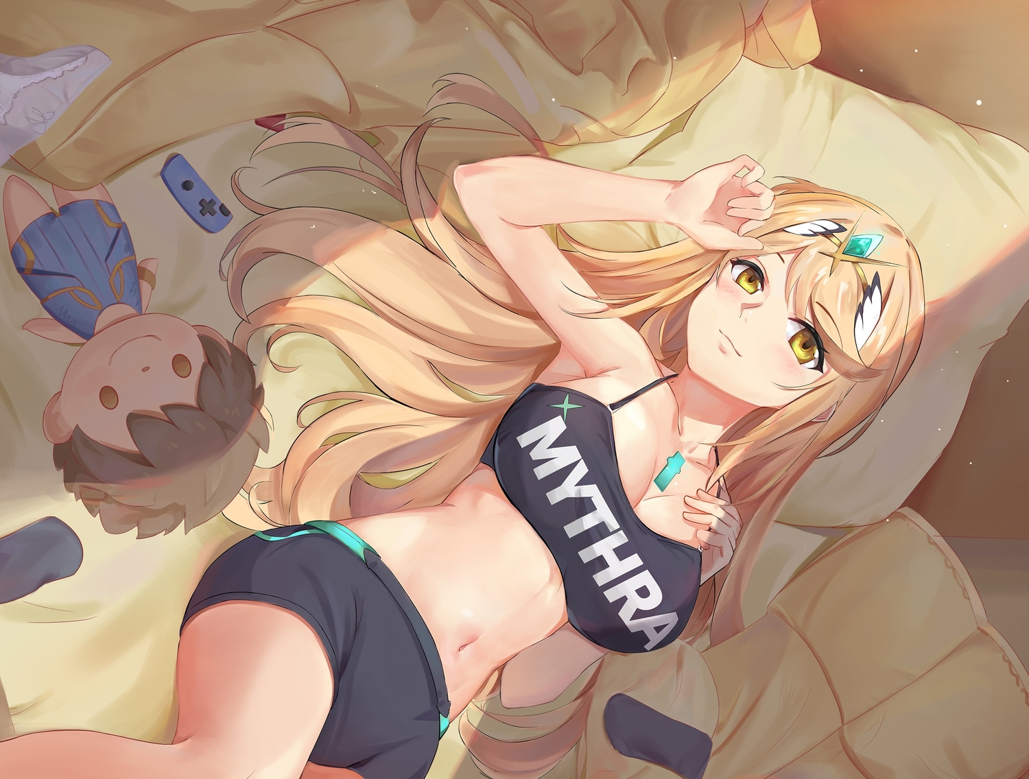 bed, blonde_hair, breast_hold, breasts, cleavage, doll, game_console, headband, hikari_(xenoblade), kiiro_kimi, long_hair, navel, panties, shorts, underwear, xenoblade, yellow_eyes