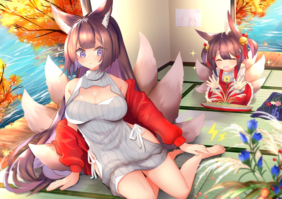 2girls, akagi_(azur_lane), akagi-chan_(azur_lane), amagi_(azur_lane), animal_ears, anthropomorphism, autumn, azur_lane
